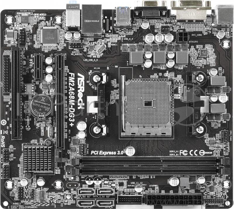 Материнская плата Asrock FM2A68M-DG3+ Soc-FM2+ AMD A68H 2xDDR3 mATX AC`97 6ch(5.1) GbLAN RAID+VGA+DVI
