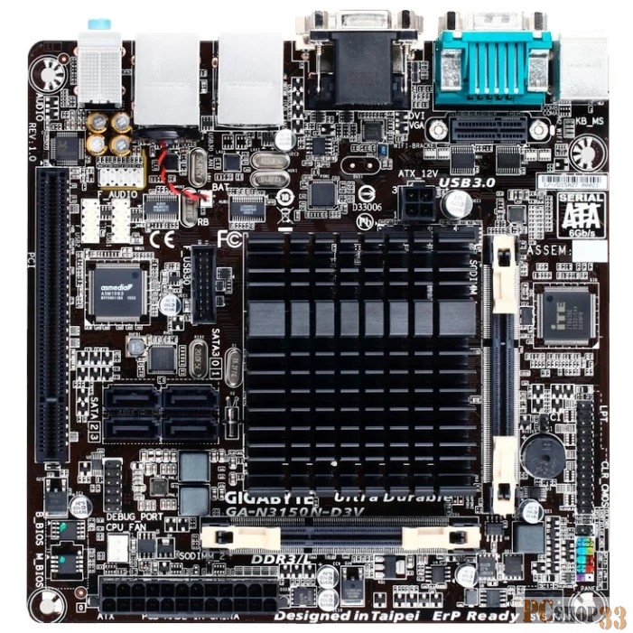Материнская плата GA-N3150N-D3V, Intel® Quad-Core Celeron®N3150 (1.6 GHz), 2xDDR3-1600 SO-DIMM, D-SUB+DVI-D, 1xPCI, 4xSATA3, 1xM.2, 8 Ch Audio, 2xGLan, (2+4)xUSB2.0, (2+2)xUSB3.0, 2xCOM, 2xPS/2, Mini-ITX, OEM