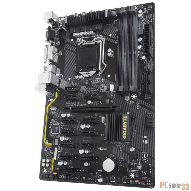 Материнская плата GA-B250-FinTech, Socket 1151, Intel®B250, 4xDDR4-2133, D-SUB+DVI-D, 1xPCI-Ex16, 11xPCI-Ex1, 4xSATA3, 8 Ch Audio, GLan, (2+4)xUSB2.0, (4+2)xUSB3.0, COM, 1xPS/2, ATX, RTL {10}