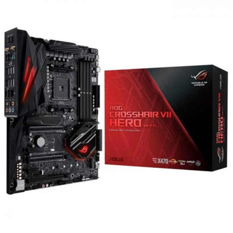 Материнская плата ROG CROSSHAIR VII HERO (WI-FI) материнская плата форм-фактора ATX сокет AM4 чипсет AMD X370 4 слота DDR4 DIMM, 2133-3200 МГц поддержка SLI/CrossFireX разъемы SATA: 6 Гбит/с - 8