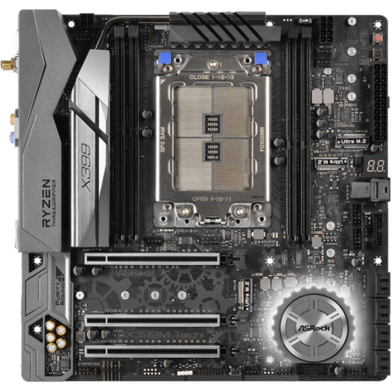 Материнская карта X399M TAICHI, Socket TR4, AMD X399, 4xDDR4-2667, 3xPCI-Ex16, 1xPCI-Ex1, 8xSATA3(RAID 0/1/5/10), 3xM.2, 1xU.2, 8 Ch Audio, 2xGLan, WiFi 802.11ac, (0+4)xUSB2.0, (9+4)xUSB3.1, 1xUSB3.1, 1xPS/2, mATX, RTL, {10}