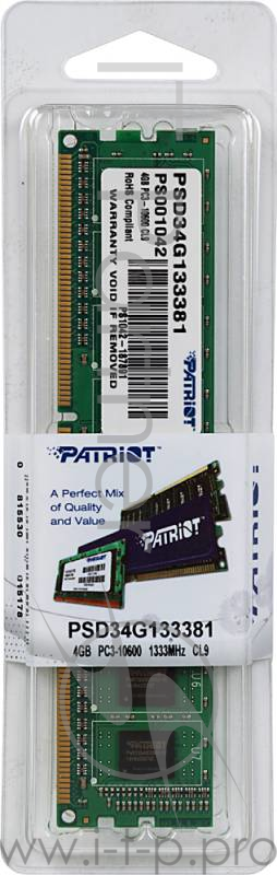 Модуль памяти DDR3 4Gb 1333MHz Patriot PSD34G133381 RTL PC3-10600 CL9 DIMM 240-pin 1.5В