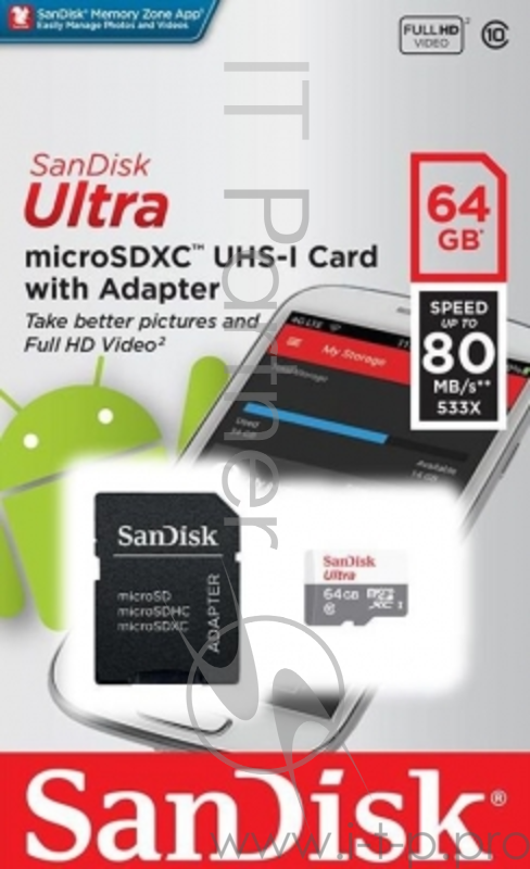 Карта памяти 64ГБ SanDisk Ultra SDSQUNS-064G-GN6TA microSD XC UHS-I + адаптер