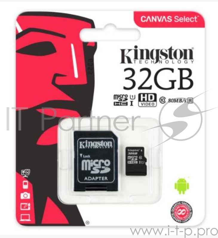 Карта памяти 32ГБ Kingston SDCS/32GB microSD HC UHS-I + адаптер