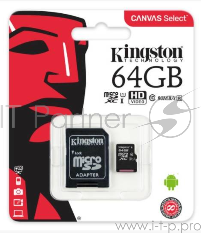 Карта памяти 64ГБ Kingston SDCS/64GB microSD XC UHS-I + адаптер