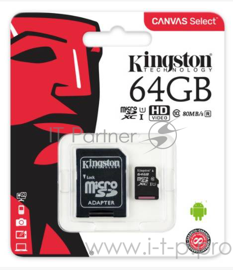 Карта памяти 64ГБ Kingston SDCS/64GB microSD XC UHS-I + адаптер