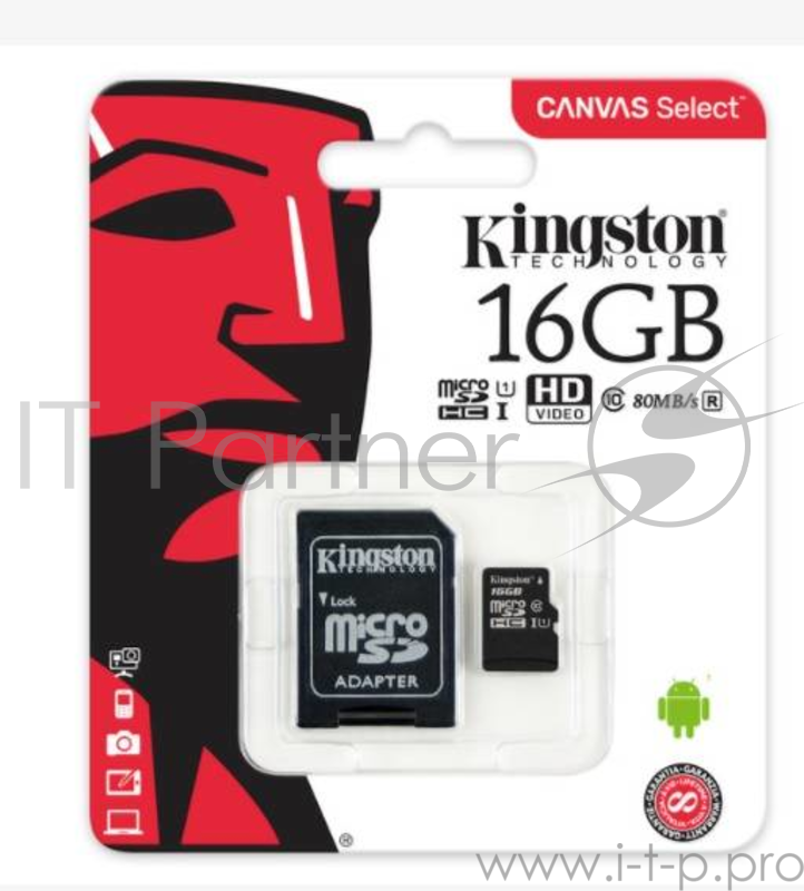 Карта памяти 16ГБ Kingston SDCS/16GB microSD HC UHS-I + адаптер