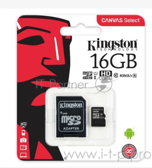 Карта памяти 16ГБ Kingston SDCS/16GB microSD HC UHS-I + адаптер