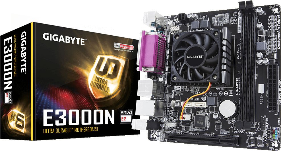 Мат. плата GIGABYTE GA-E3000N (E2-3000-1.650ГГц, 2xDDR3, SATA III, D-Sub, HDMI, 1Гбит LAN, USB3.1, mini-ITX)