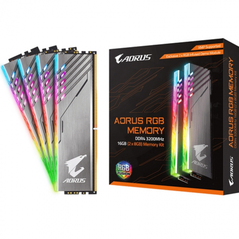 16GB Gigabyte DDR4 3200 DIMM Aorus RGB Silver Gaming Memory GP-AR32C16S8K2HU416RD Non-ECC, CL16, 1.35V, Exclusive 2xRGB Infused Demo Module, Kit (2x8GB), RTL {20}