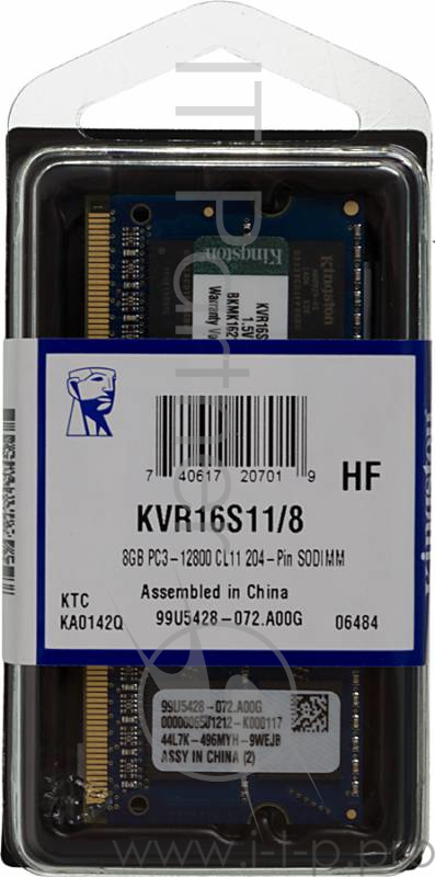 Модуль памяти DDR3 8Gb 1600MHz Kingston KVR16S11/8 RTL PC3-12800 CL11 SO-DIMM 204-pin 1.5В