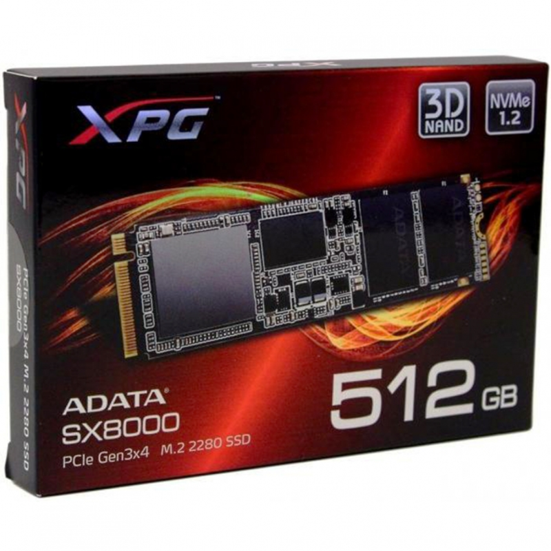 Накопитель SSD AData M.2 2280 512GB ADATA XPG SX8000 Client SSD ASX8000NPC-512GM-C PCIe Gen3x4 with NVMe, 2500/1100, IOPS 140/150K, MTBF 2M, 3D MLC, 512MB, 320TBW, NVMe 1.2, Heat Sink, Retail