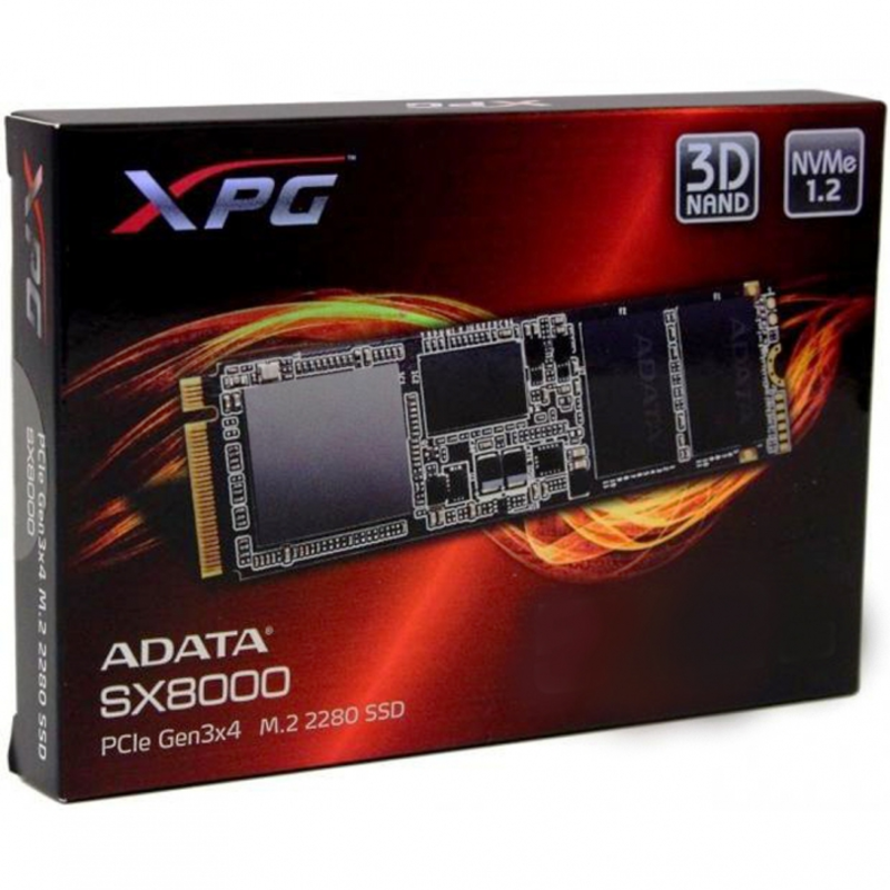 Твердотельный накопитель M.2 2280 128GB ADATA XPG SX8000 Client SSD ASX8000NPC-128GM-C PCIe Gen3x4 with NVMe, 1000/550, IOPS 45/100K, MTBF 2M, 3D MLC, 256MB, 80TBW, NVMe 1.2, Heat Sink, Retail