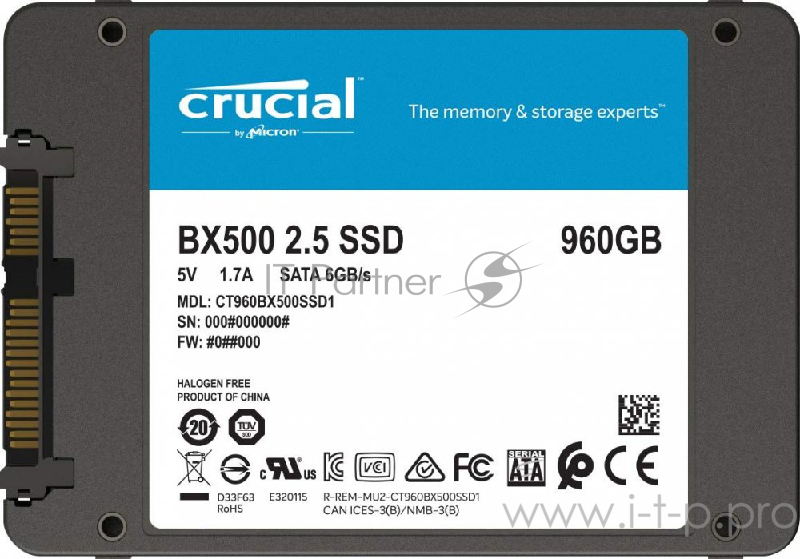 Жесткий дискCrucial BX500 960GB 3D NAND SATA 2.5-inch SSD 960GB 2.5-inch internal SSD • SATA 6.0Gb/s • 540 MB/s Read, 500 MB/s Write