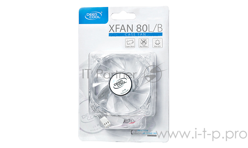 Вентилятор DEEPCOOL Xfan 80L 80x80x25мм (135шт./кор, пит. от мат.платы и БП, прозрачный, синяя подсветка , 1800об/мин) Retail blister