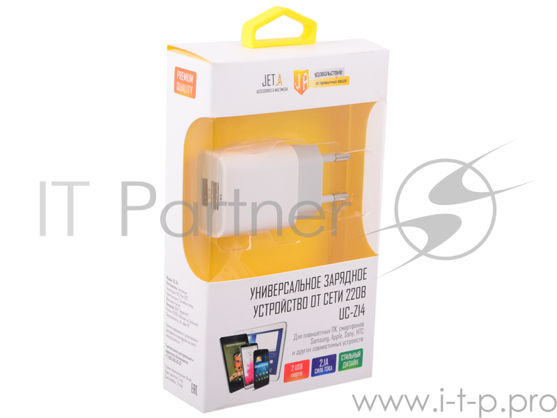 Универсальное зарядное устройство Jet.A от сети 220В UC-Z14 (2 USB-портa, 2.1А) Цвет - белый