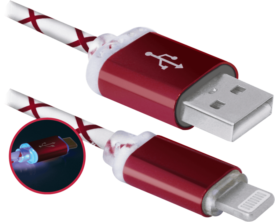 Кабель Defender USB кабель ACH03-03LT красный, LED, USB-Lightning 1м (87552)