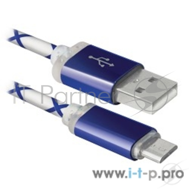 Кабель Defender USB кабель USB08-03LT USB2.0 голубой, LED, AM-MicroBM, 1м (87555)