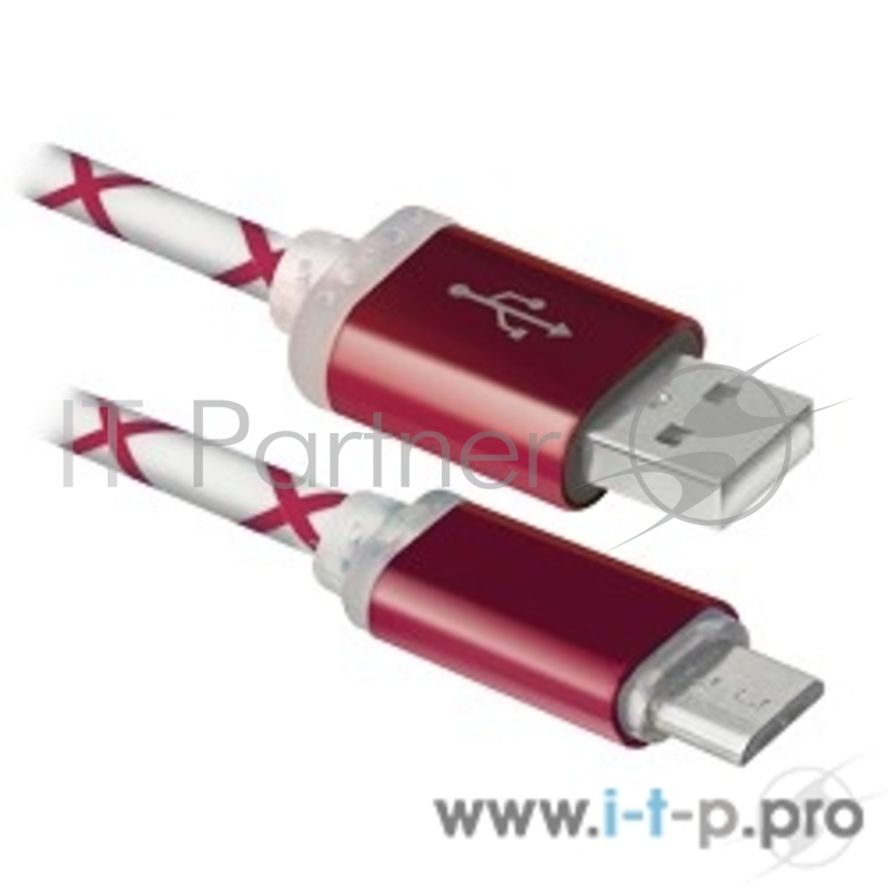 Кабель Defender USB кабель USB08-03LT USB2.0 красный, LED, AM-MicroBM, 1м (87556)