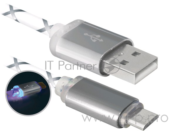 Кабель Defender USB кабель USB08-03LT USB2.0 серый, LED, AM-MicroBM, 1м (87554)