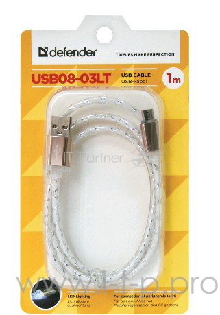 Кабель Defender USB кабель USB08-03LT USB2.0 серый, LED, AM-MicroBM, 1м (87554)