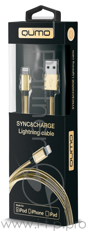 Кабель Qumo 21716 золото (MFI c разъемом Apple 8 pin, 1м, PVC, стальная пружина по всему кабелю, металлический коннектор,)