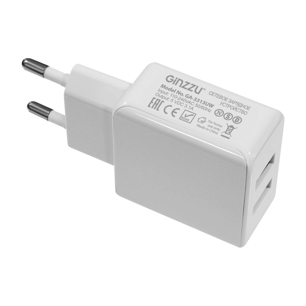 Зарядное устройство GA-3313UW, СЗУ 5В/3.1A/2USB + Дата-кабель 8pin APPLE, 1,0м, белый