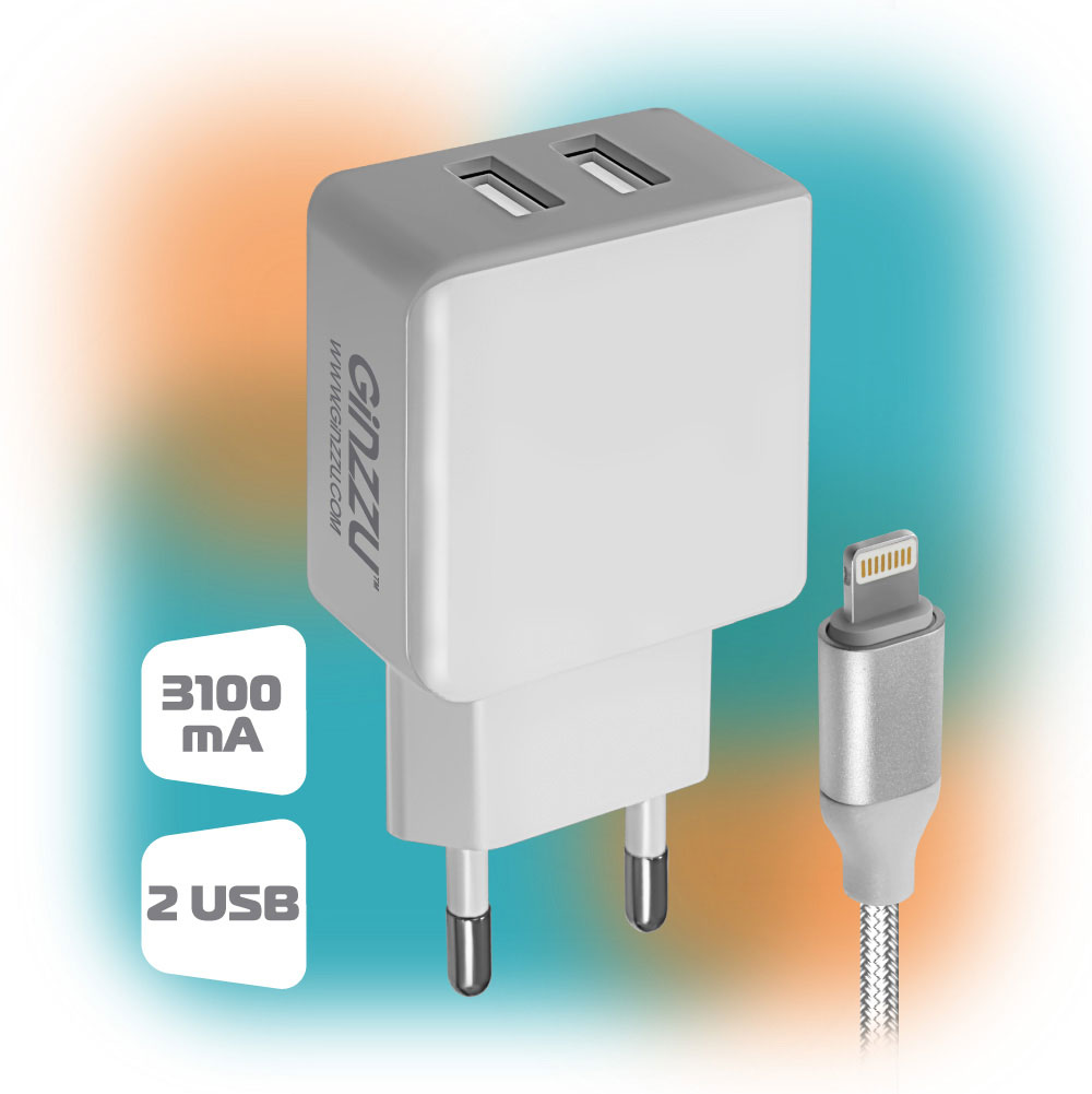 Зарядное устройство GA-3313UW, СЗУ 5В/3.1A/2USB + Дата-кабель 8pin APPLE, 1,0м, белый