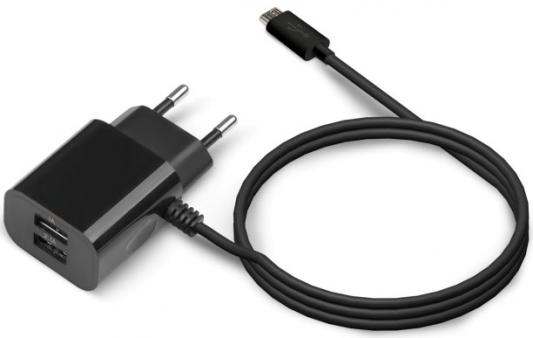 Универсальное зарядное устройство от сети 220В UC-C14 (2 USB-портa, 2.1А, встроенный кабель USB Type-C) Цвет - чёрный
