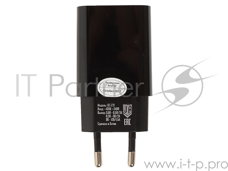 Универсальное зарядное устройство от сети 220В UC-Z21 с поддержкой стандарта быстрой зарядки QC 3.0 (1 USB-порт, до 3.0А) Цвет - чёрный