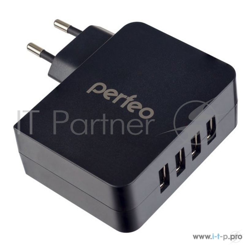 PERFEO Сетевое зарядное устройство с разъемом 4xUSB, 4.9А, черный,