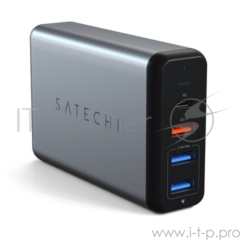 Сетевое зарядное устройство Satechi Type-C 75W Travel Charger. Разъемы USB-C PD 60W - 1 шт., QC 3.0 - 1 шт., USB 5В/2,4А - 2 шт. Цвет серебряный.