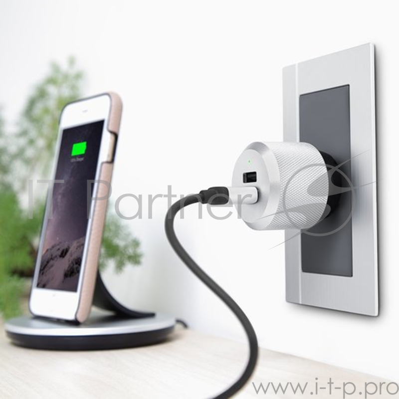 Зарядное устройство от сети Just Mobile AluPlug AC Adapter для мобильных устройств. 2.4А, 5В. 2 USB порта. Цвет: серебряный/черный.