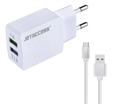 Универсальное зарядное устройство Jet.A UC-S25 от сети 220В (2USB, 2.1А, кабель microUSB), белое