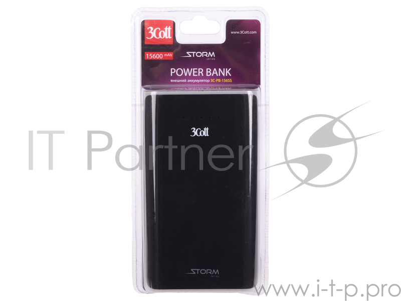 Внешний аккумулятор 3Cott 3C-PB-156SS, Storm Series, емкость 15600 мАч, вх.: 5В1А, вых1: 5В1А, вых2: 5В2.1А, прорезиненное покрытие, черный + серый