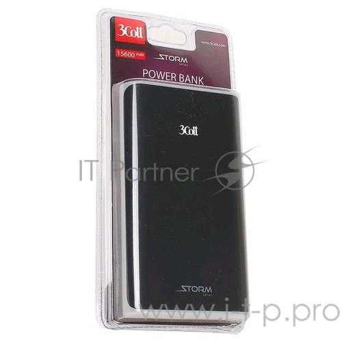 Внешний аккумулятор 3Cott 3C-PB-156SS, Storm Series, емкость 15600 мАч, вх.: 5В1А, вых1: 5В1А, вых2: 5В2.1А, прорезиненное покрытие, черный + серый