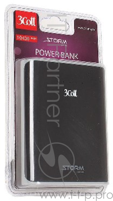 Внешний аккумулятор 3Cott 3C-PB-104SS, Storm Series, емкость 10400 мАч, вх.: 5В1А, вых1: 5В1А, вых2: 5В2.1А, прорезиненное покрытие, черный + серый