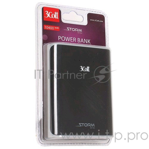Внешний аккумулятор 3Cott 3C-PB-104SS, Storm Series, емкость 10400 мАч, вх.: 5В1А, вых1: 5В1А, вых2: 5В2.1А, прорезиненное покрытие, черный + серый