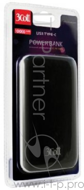 Внешний аккумулятор 3Cott 3C-PB-100TC, Type-C, 10000 мАч, вх.: micro USB 5В2А, Type-C 5В2А, вых USB: 5В2.4А, вых Type-C: 5В2А, прорезиненное, черный