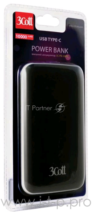 Внешний аккумулятор 3Cott 3C-PB-100TC, Type-C, 10000 мАч, вх.: micro USB 5В2А, Type-C 5В2А, вых USB: 5В2.4А, вых Type-C: 5В2А, прорезиненное, черный