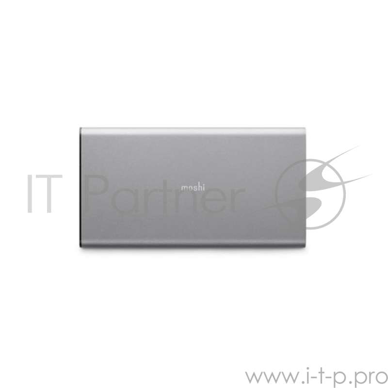 Портативный аккумулятор Moshi IonSlim 5K. Емкость 5150 мАч. Сила тока 2,4А. Встроенный Lightning на USB кабель. Цвет серый.
