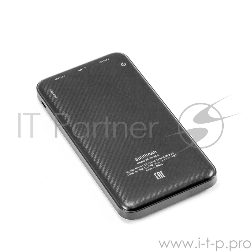 Внешний аккумулятор 3Cott 3C-PB-80TC, Беспроводная, Type-C, 8000 мАч, вх.: micro USB 5В2.0А, Type-C 5В2.0А, вых USB 1/2: 5В1.0А/5В2.0А, беспр.: 5В1.0А