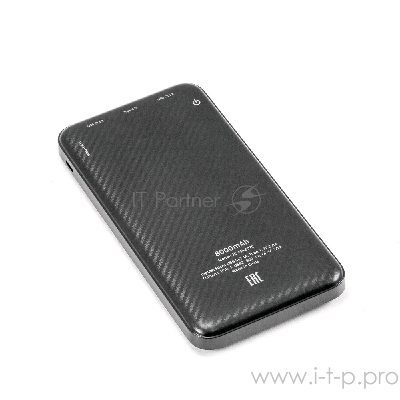 Внешний аккумулятор 3Cott 3C-PB-80TC, Беспроводная, Type-C, 8000 мАч, вх.: micro USB 5В2.0А, Type-C 5В2.0А, вых USB 1/2: 5В1.0А/5В2.0А, беспр.: 5В1.0А