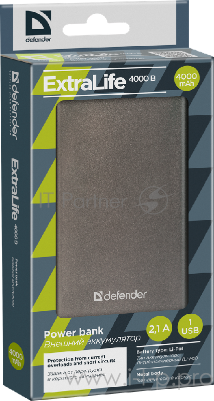 Внешний аккумулятор Defender Extralife 4000mAh 1USB, Li-pol ,5V,2.1A, серый (83619)