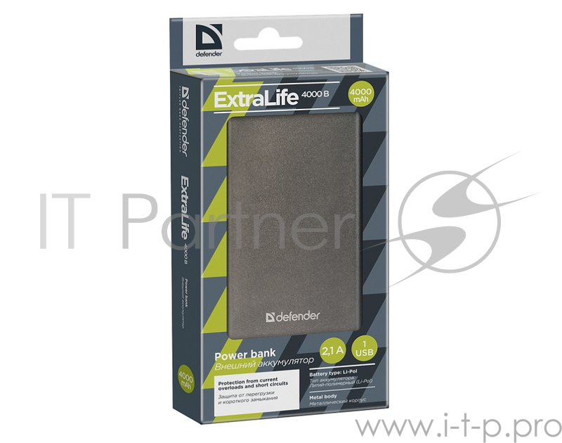 Внешний аккумулятор Defender Extralife 4000mAh 1USB, Li-pol ,5V,2.1A, серый (83619)