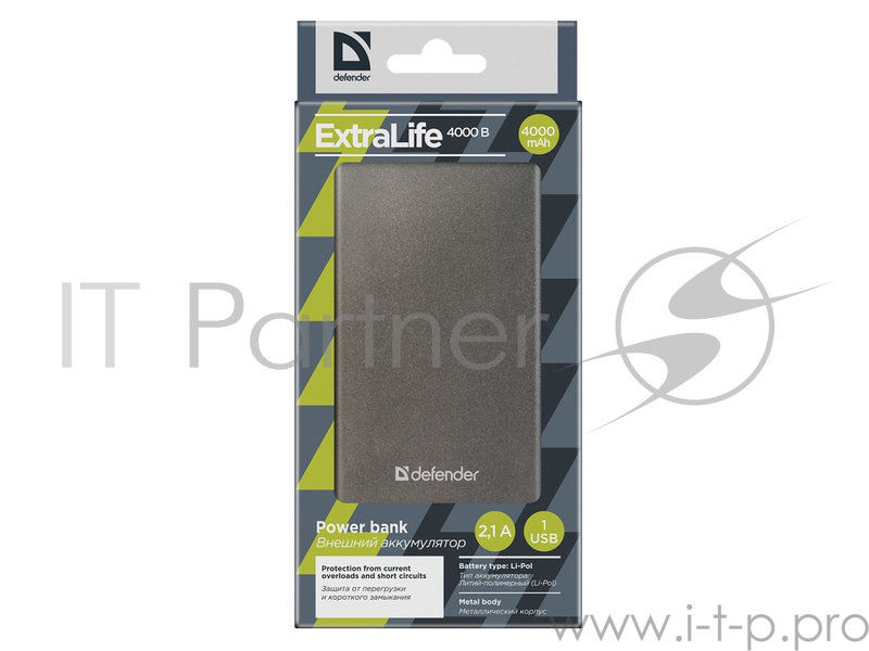 Внешний аккумулятор Defender Extralife 4000mAh 1USB, Li-pol ,5V,2.1A, серый (83619)