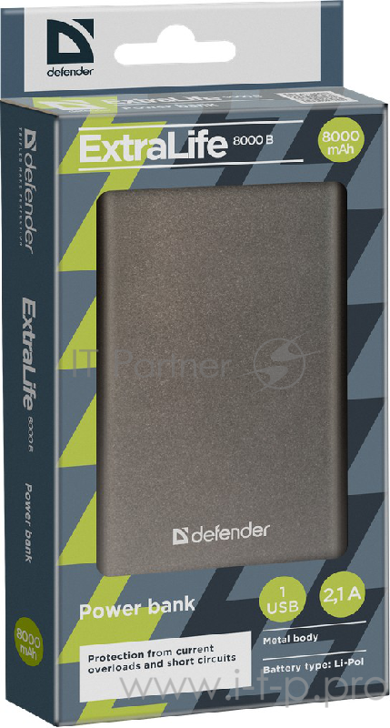 Внешний аккумулятор Defender Extralife 8000mAh 1USB, Li-pol ,5V,2.1A, серый (83622)