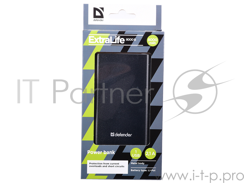 Внешний аккумулятор Defender Extralife 8000mAh 1USB, Li-pol ,5V,2.1A, серый (83622)