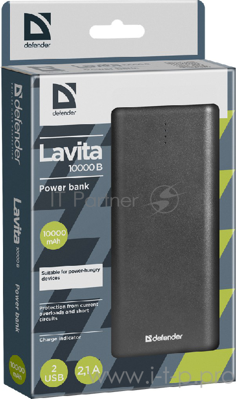 Внешний аккумулятор Defender Lavita 10000B 2 USB, 10000 mAh, 2.1A (83617)