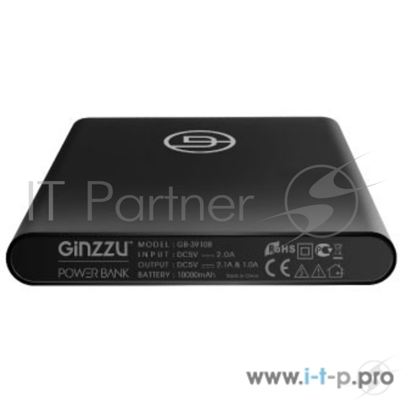 Ginzzu Внешний аккумулятор 10000mAh/5V/2.4A/2USB, черный (GB-3910B)